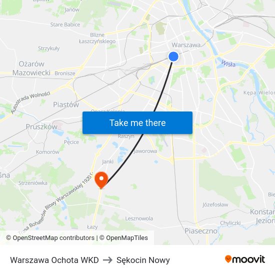 Warszawa Ochota WKD to Sękocin Nowy map