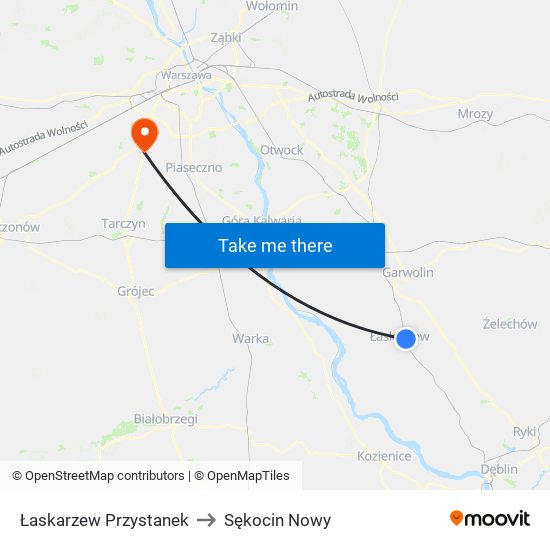 Łaskarzew Przystanek to Sękocin Nowy map