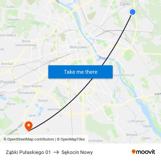 Ząbki Pułaskiego 01 to Sękocin Nowy map