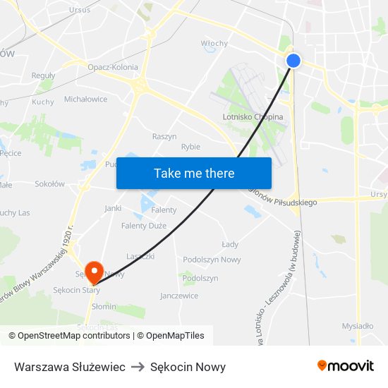 Warszawa Służewiec to Sękocin Nowy map