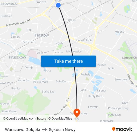 Warszawa Gołąbki to Sękocin Nowy map