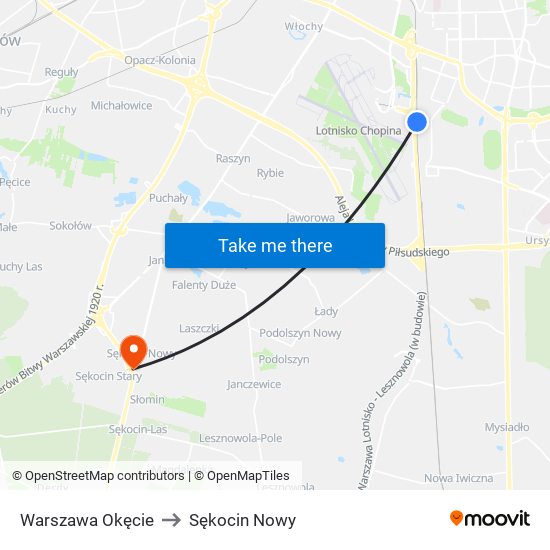 Warszawa Okęcie to Sękocin Nowy map