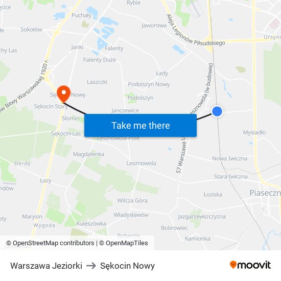 Warszawa Jeziorki to Sękocin Nowy map