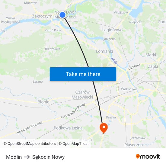 Modlin to Sękocin Nowy map