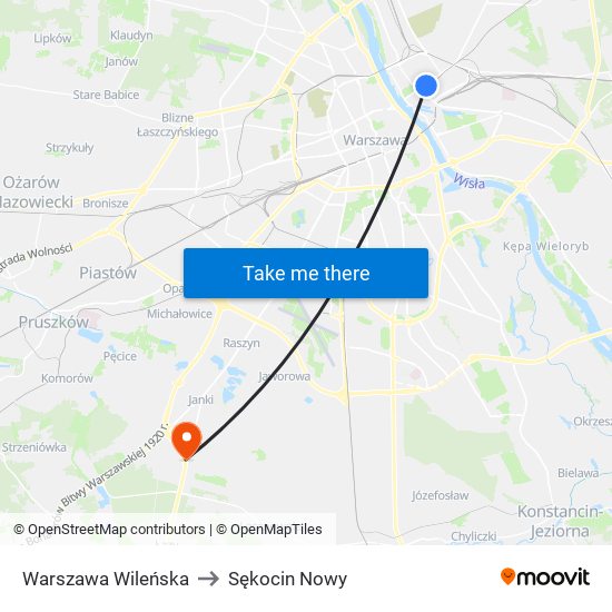 Warszawa Wileńska to Sękocin Nowy map