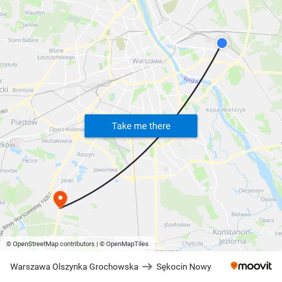 Warszawa Olszynka Grochowska to Sękocin Nowy map