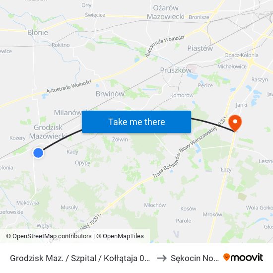 Grodzisk Maz. / Szpital / Kołłątaja (Nż) to Sękocin Nowy map