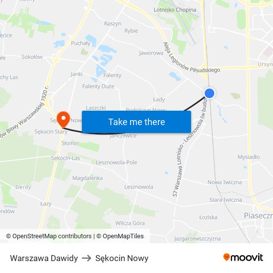 Warszawa Dawidy to Sękocin Nowy map