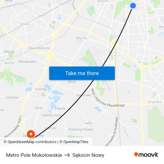 Metro Pole Mokotowskie to Sękocin Nowy map