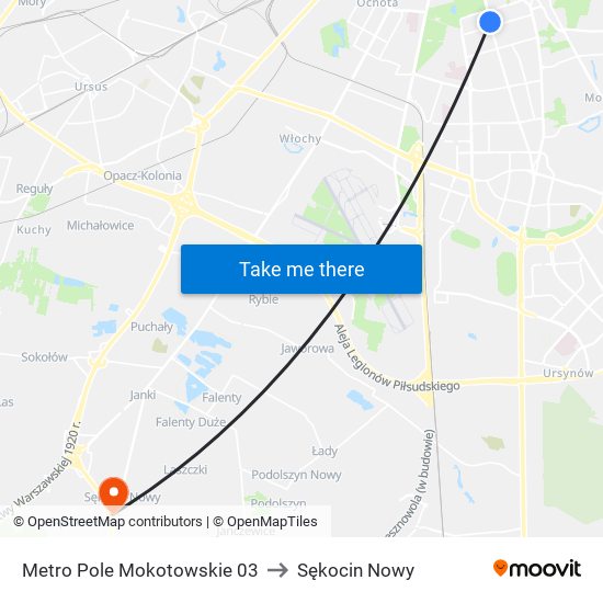 Metro Pole Mokotowskie 03 to Sękocin Nowy map