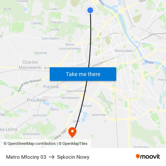 Metro Młociny to Sękocin Nowy map