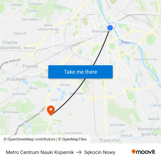 Metro Centrum Nauki Kopernik to Sękocin Nowy map