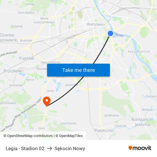 Legia-Stadion to Sękocin Nowy map