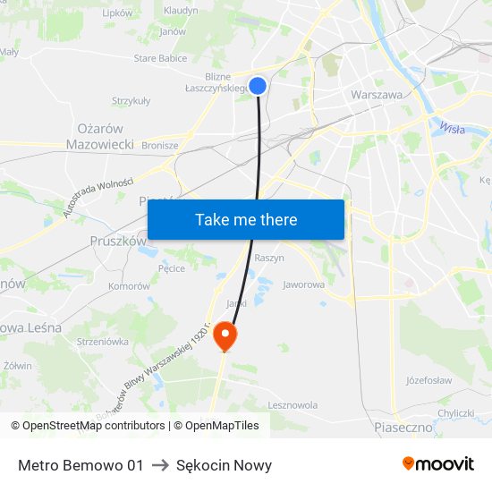 Metro Bemowo 01 to Sękocin Nowy map