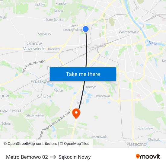 Metro Bemowo to Sękocin Nowy map