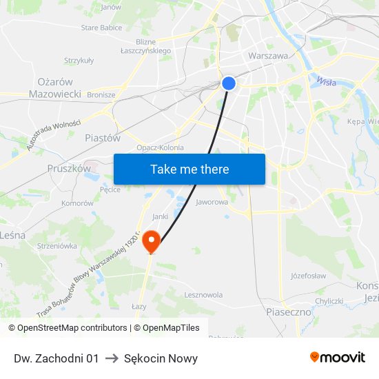 Dw. Zachodni 01 to Sękocin Nowy map