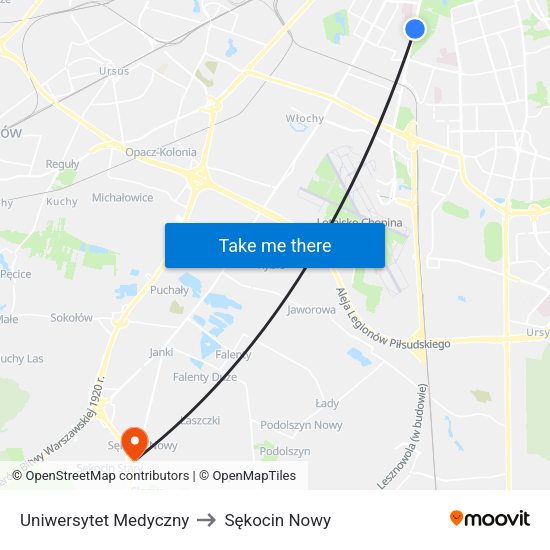 Uniwersytet Medyczny to Sękocin Nowy map