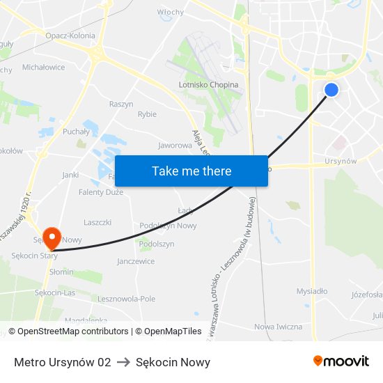 Metro Ursynów to Sękocin Nowy map