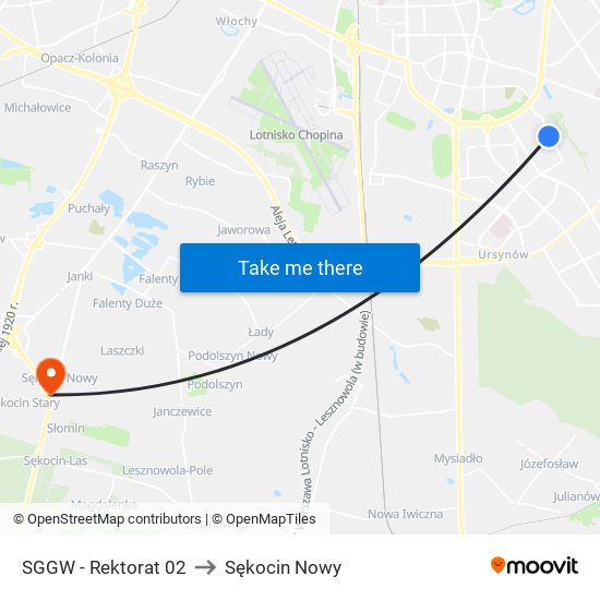 SGGW - Rektorat 02 to Sękocin Nowy map