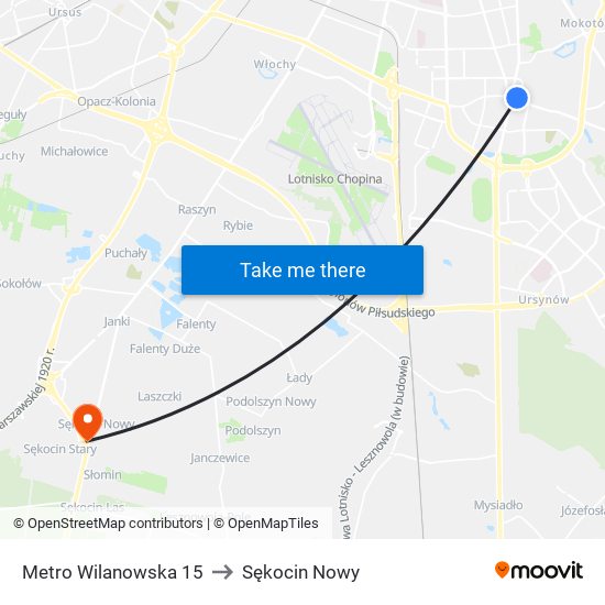 Metro Wilanowska 15 to Sękocin Nowy map