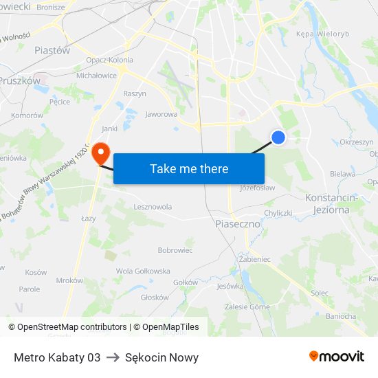 Metro Kabaty 03 to Sękocin Nowy map