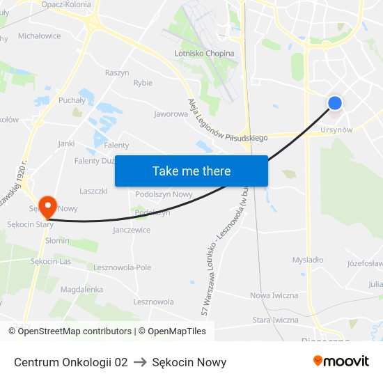 Centrum Onkologii to Sękocin Nowy map