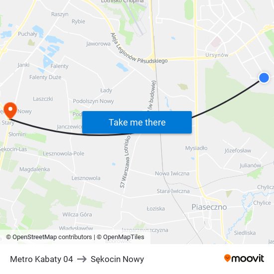 Metro Kabaty 04 to Sękocin Nowy map