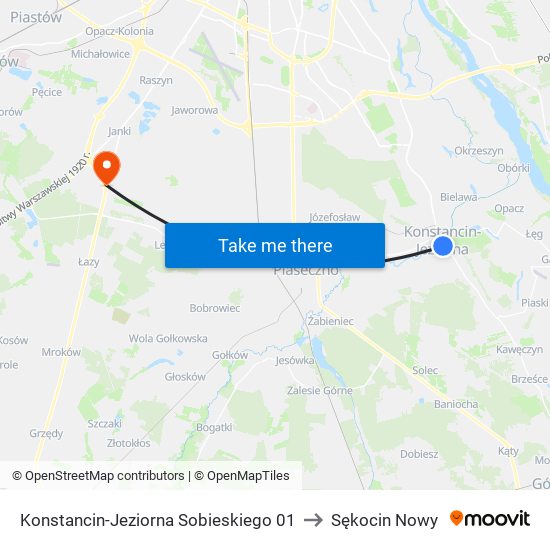 Konstancin-Jeziorna Sobieskiego to Sękocin Nowy map