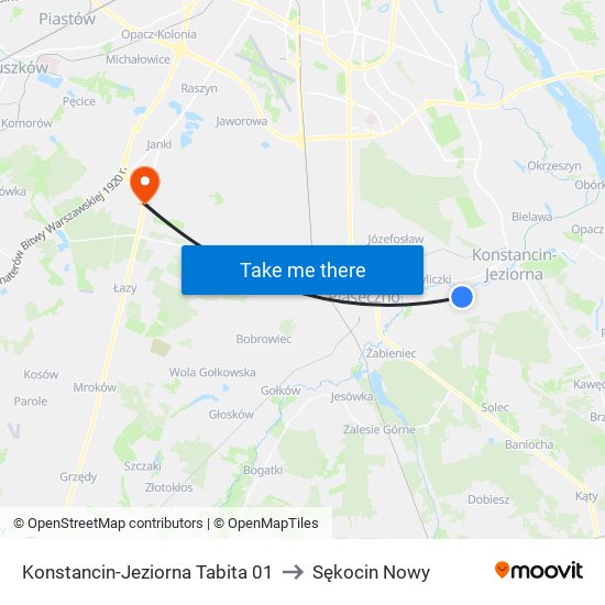 Konstancin-Jeziorna Tabita 01 to Sękocin Nowy map