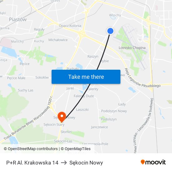 P+R Al. Krakowska 14 to Sękocin Nowy map