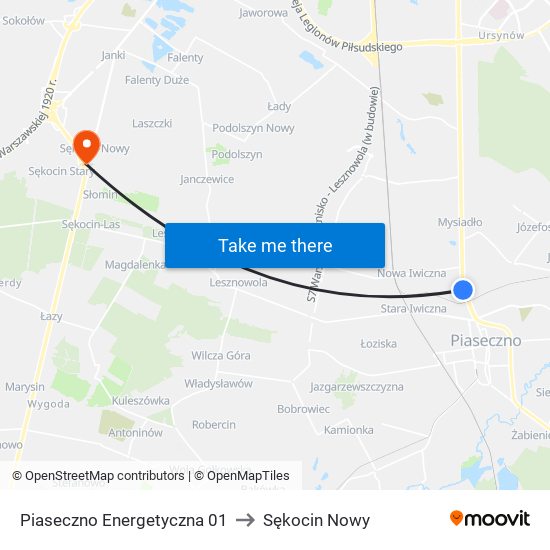 Piaseczno Energetyczna 01 to Sękocin Nowy map