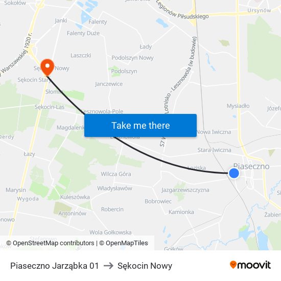 Piaseczno Jarząbka 01 to Sękocin Nowy map