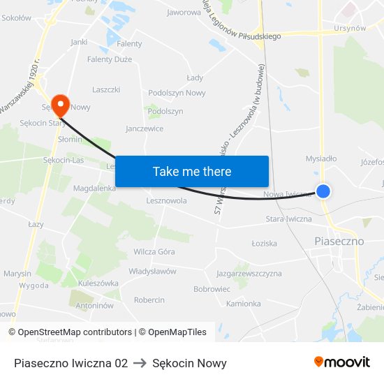 Piaseczno Iwiczna to Sękocin Nowy map