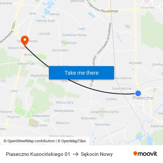 Piaseczno Kusocińskiego 01 to Sękocin Nowy map