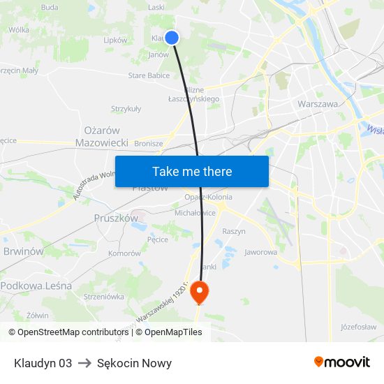 Klaudyn to Sękocin Nowy map