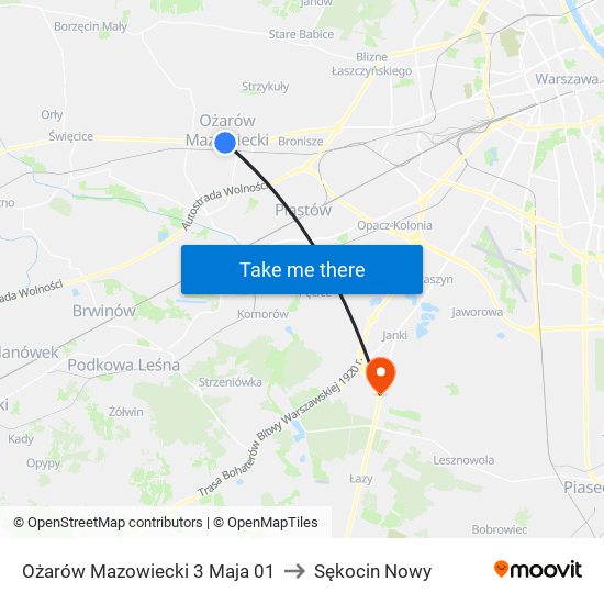 Ożarów Mazowiecki 3 Maja 01 to Sękocin Nowy map