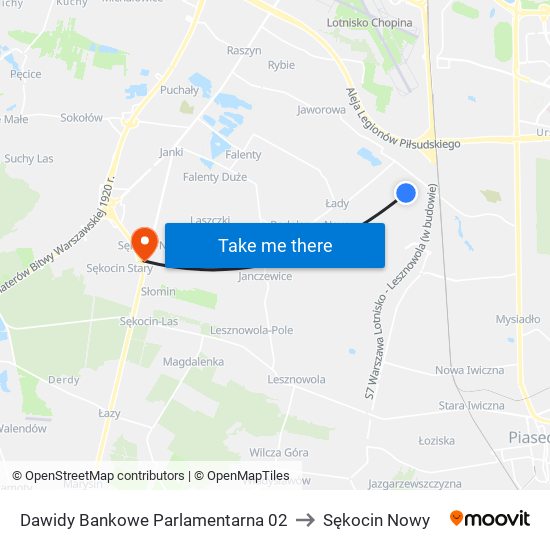 Dawidy Bankowe Parlamentarna 02 to Sękocin Nowy map