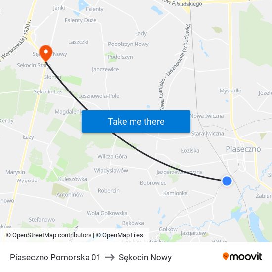 Piaseczno Pomorska 01 to Sękocin Nowy map