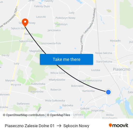 Piaseczno Zalesie Dolne to Sękocin Nowy map