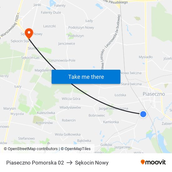 Piaseczno Pomorska 02 to Sękocin Nowy map