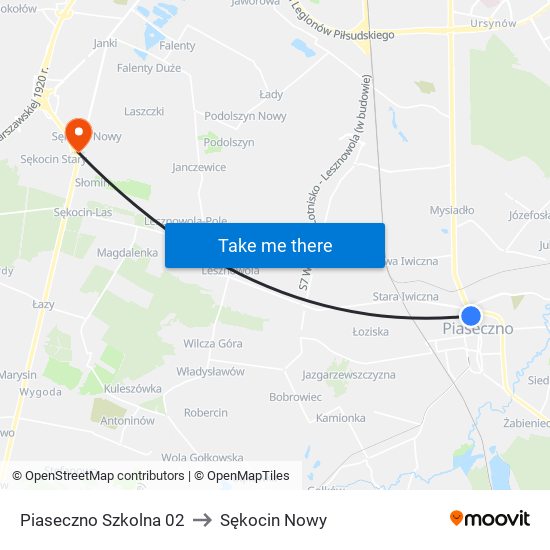 Piaseczno Szkolna to Sękocin Nowy map