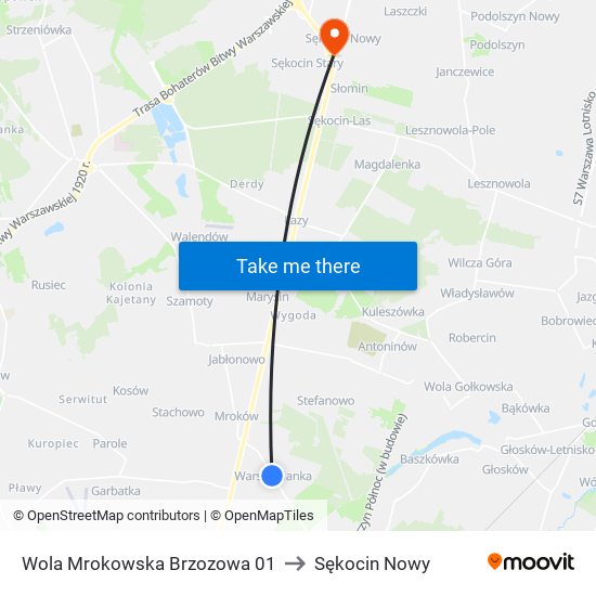 Warszawianka Brzozowa to Sękocin Nowy map