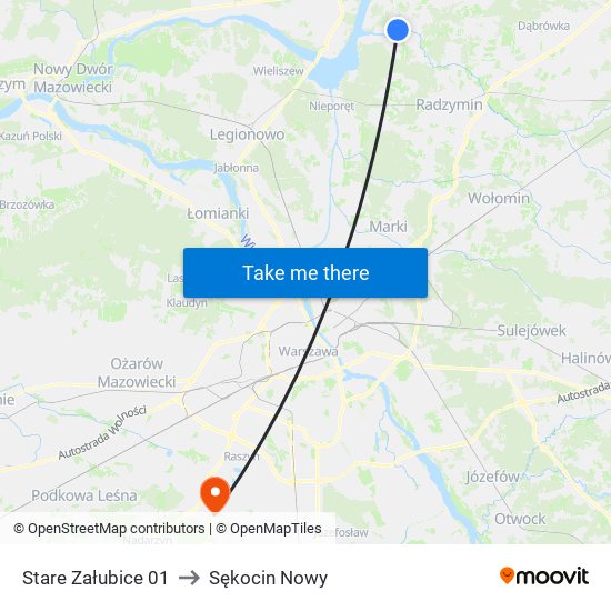 Stare Załubice to Sękocin Nowy map