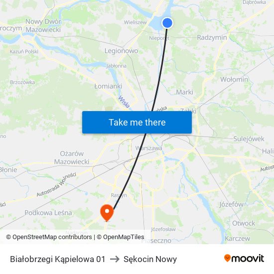 Białobrzegi Kąpielowa to Sękocin Nowy map