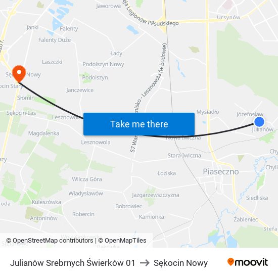 Julianów Srebrnych Świerków 01 to Sękocin Nowy map