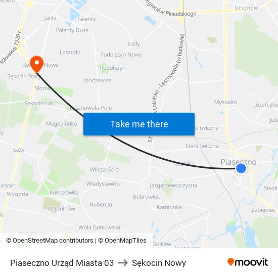 Piaseczno Urząd Miasta 03 to Sękocin Nowy map