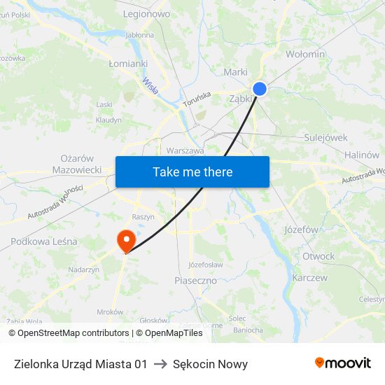 Zielonka Urząd Miasta to Sękocin Nowy map