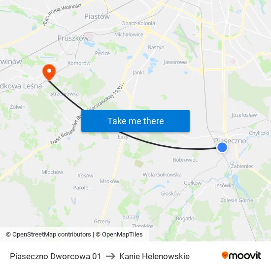 Piaseczno Dworcowa 01 to Kanie Helenowskie map