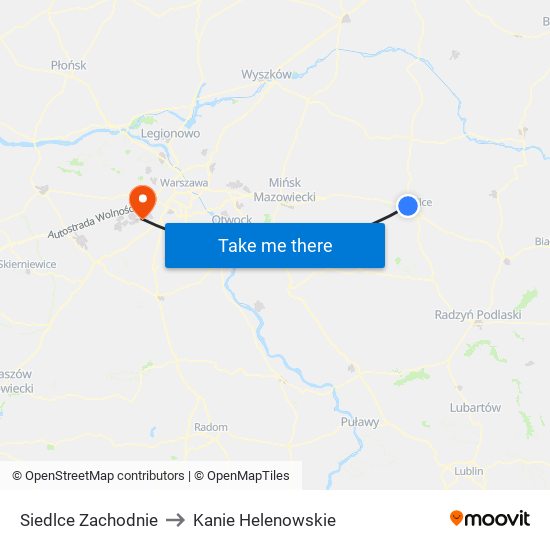 Siedlce Zachodnie to Kanie Helenowskie map