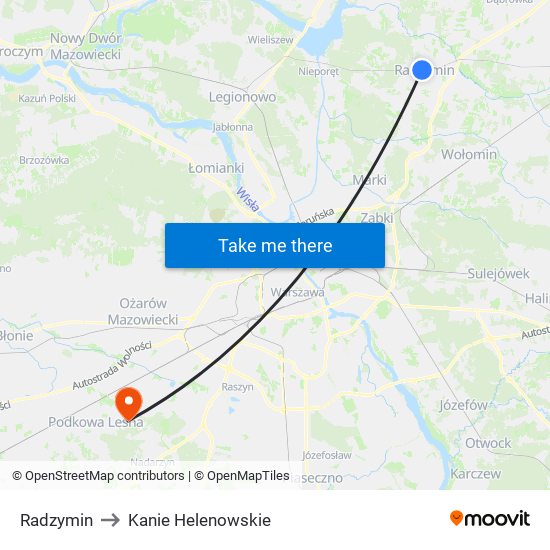 Radzymin to Kanie Helenowskie map